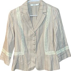 Kuda Cropped Striped Blazer Floral Cutout 3/4 sleeves Women’s Large Cream Brown